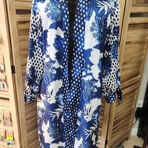 Chicos Reversible Duster Floral Long Jacket Boho Colorful Lightweight Size L NEW
